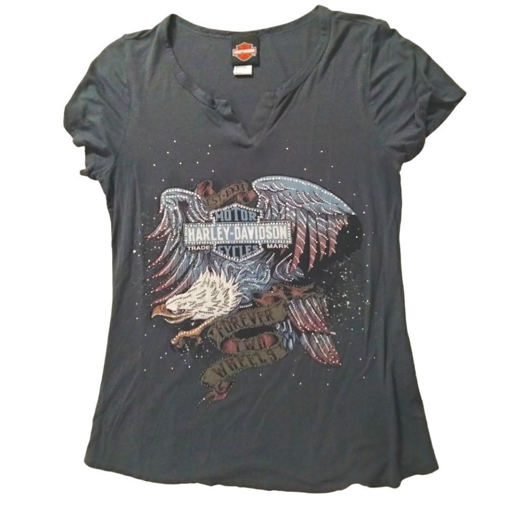 Harley Davidson Women's Tee Shirt Sz M Dark Gray Bling Eagle Forever Two Wheels